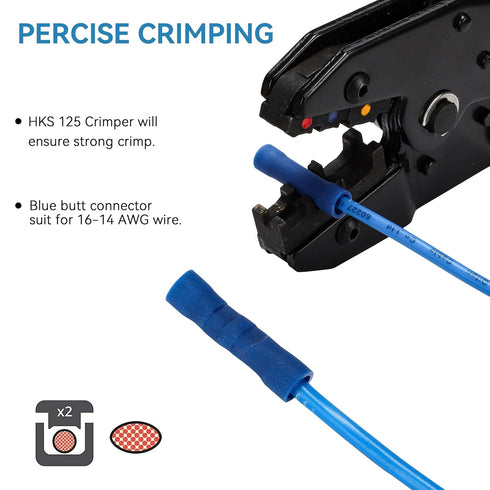 HKS 200 PCS Vinyl Insulated Butt Connector, Blue 16-14 AWG Electrical Connectors, Tinned Red Copper 0.8mm