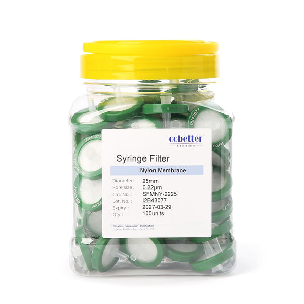 100 Pack Syringe Filter Nylon Lab Filters, 0.22µm Pore Size, 25mm Diameter, Hydrophilic Filtration, Green