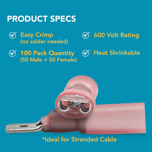 50 Male + 50 Female Blade Spade Connectors, .25" (1/4'') 6.3mm 22-18 AWG, Heat-Shrink Insulated Terminals