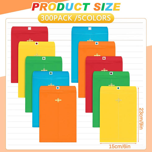 Geyee 300 Pcs 6 x 9 Inch Clasp Envelopes Manilla Gummed Mailing Envelopes 28lb Kraft Clasp Closure for Storing or