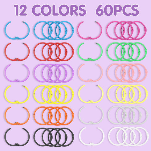 Quadafy 60 Pack 1 1/5 Inch 12 Color Binder Rings, Metal Rings for Index Cards, for Book Rings, Flashcard Rings, Key