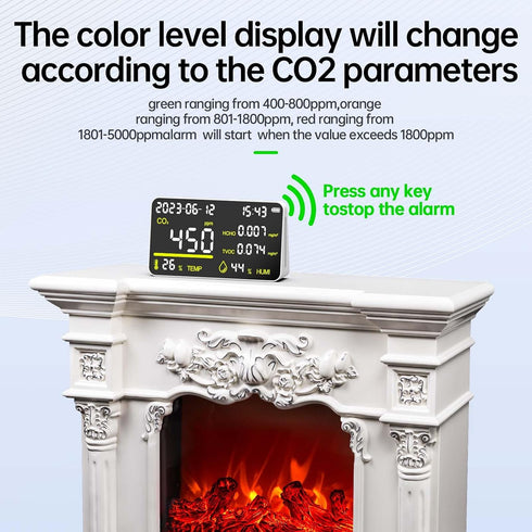 CIS 7-in-1 CO2, Air Quality Monitor, Indoor Humidity Monitor, Temperature, TVOC, HCHO, Time, Date Display Desktop Air