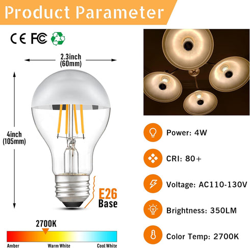 Half Chrome Light Bulb, Dimmable A19/A60 LED, 4W (40W Equivalent), Warm White 2700K, Pack of 2