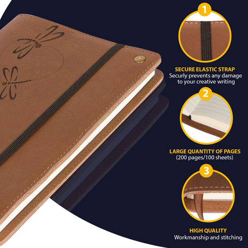 The Dragonfly Heart Real Leather Journal, 6 x 8.5 Inches, 200 Lined Pages, Elastic Strap, Leather Notebook for Writing