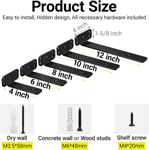 4 Pack 6" 4/6/8/10/12 inch Designtzj6-4 SKYSEN Floating Shelf Bracket, Shelves Brackets, Wood Shelving Brackets
