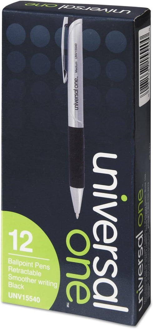 Universal 15540 Advanced Ink Retractable Ballpoint Pen, Black Ink, Silver, 1mm, Dozen