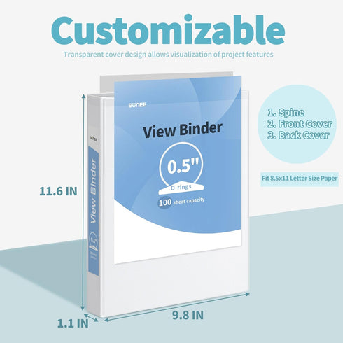 SUNEE 3 Ring Binder 1/2 Inch 4 Pack, Clear View Binder Three Ring PVC-Free (Fit 8.5x11 Inches) for School Binder or Office Binder Supplies, White Binder by SUNEE