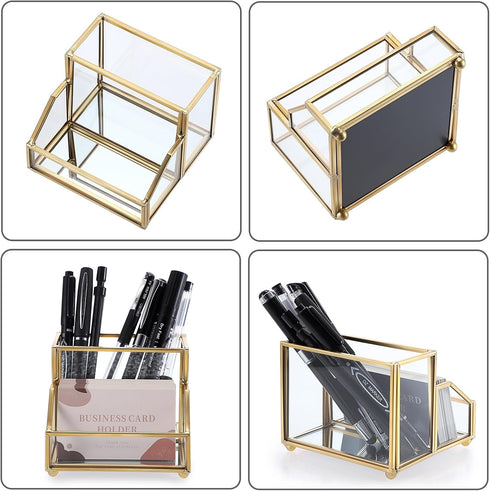 Hipiwe Glass Business Card Holder Stand with Pen/Pencil Organizer, Gold Business Name Cards Display Holder for Home