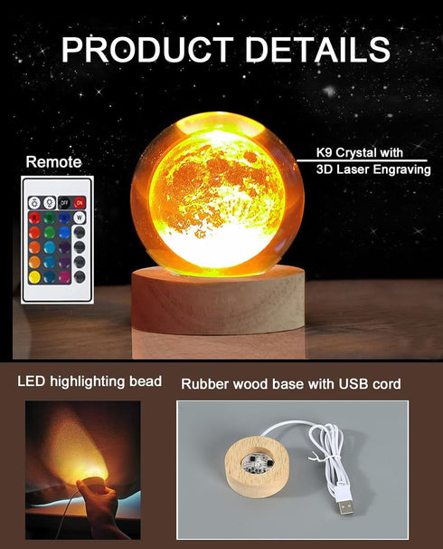 Zabalar 3D Crystal Moon Ball Light with Colorful LED Light Base,Valentine's Day Gift,Color Changing Table Lamp