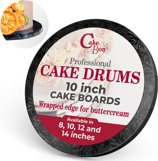 Cakebon Cake Boards - Sturdy 1/2 Thick Drums, 10 Inch Professional Fully Wrapped Edges, Black 3-Pack