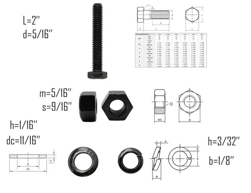 LBY 9 Sets 5/16-18×2'' Hex Head Screws Bolts(Fully Threaded), Nuts(Heavyd), Flat & Lock Washers Kit, Alloy Steel (Black)