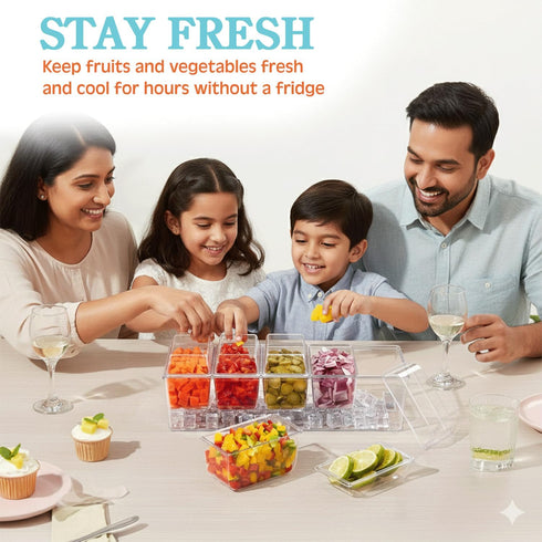 Seeshu Condiment Server Clear Acrylic Condiment Caddy with Ice Chamber, Removable Food Containers & Lids