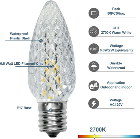 50 Pack C9 Bulb, C9 Bulbs E17 Commercial Bulbs 2700K BORT LED Replacement Light LED for Christmas Outdoor String