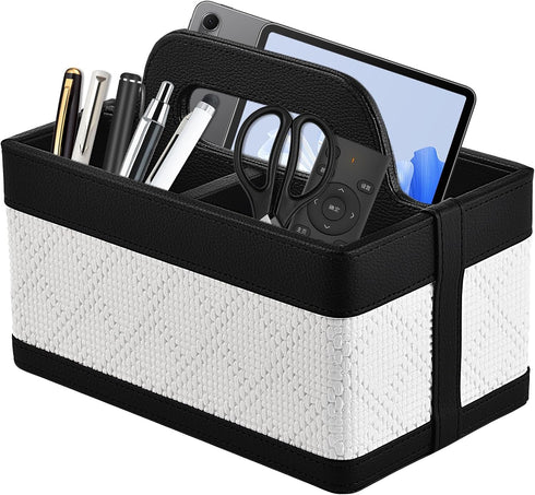 Desk Organizer Caddy with Handle-Portable PU Leather Remote Control Holder-Nightstand Dresser Tote