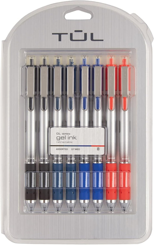 TUL Retractable Gel Pens, Bullet Point, 0.7 mm, Gray Barrel, Assorted Ink Colors, Pack of 8