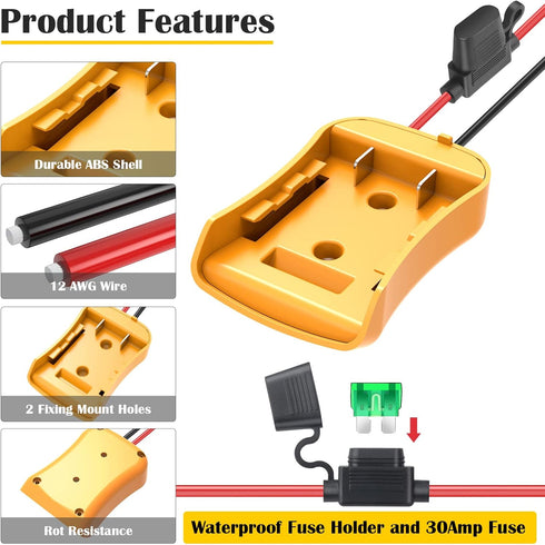2 Packs Power Wheel Adapter for Dewalt 20V Battery, Converter Kit with Fuses & 12AWG Wire for DIY RC Cars