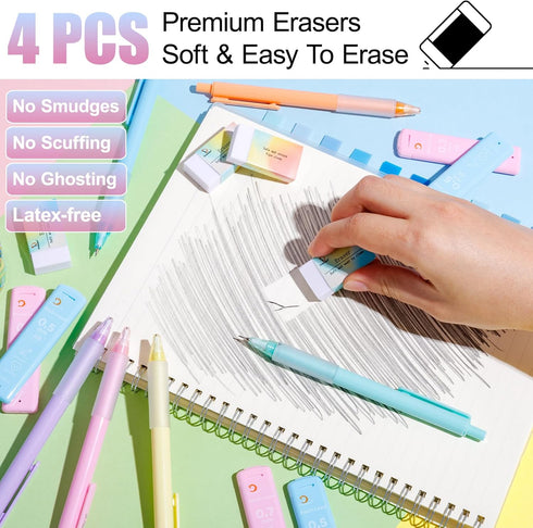 Mechanical Pencil Set, 6 Pcs Pastel 0.7mm & 0.5mm with 6 Tubes of HB Lead Refill and 4 Erasers
