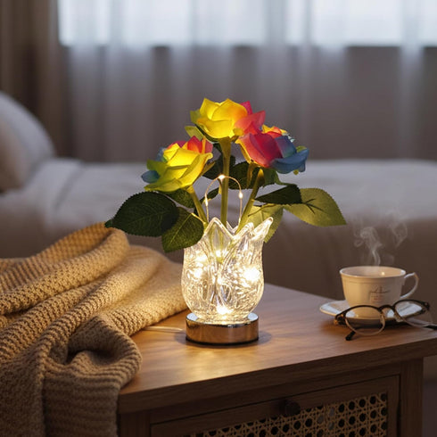 Rechargeable LED Color Changing Flower Light, Battery/Plug-In Artificial Rose Lamp, Romantic Pink