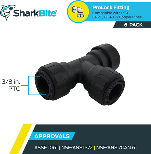 SharkBite 3/8 Inch ProLock Tee, Push to Connect Plastic Plumbing Fitting for PEX, Copper, CPVC, PL0813J6