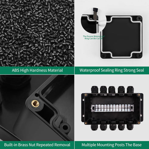 ABS IP67 Waterproof Dustproof Electrical Junction Box, with 15A 600V Barrier Terminal Cable Connector, 5 in/5 Out
