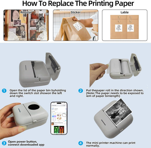 Mini Thermal Sticker Printer with 11 Rolls Paper, Portable Bluetooth Pocket Printer for iOS & Android, DIY, Label