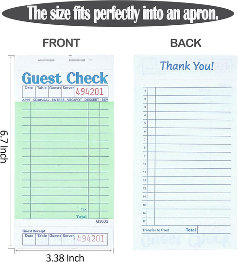 Officeva 6 Pack 300 Budgenix Guest Checks Server Note Pads, Orders, Green Guest Check Pads with Bottom Receipt