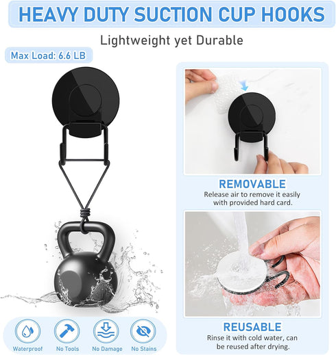VIS'V Heavy Duty Suction Cup Hooks, Black Bathroom Shower Hooks, Removable Reusable Holders for Tile Wall, 2 Pcs