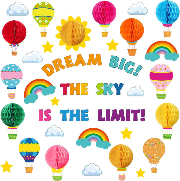 Funrous 82 Pcs Colorful 3D Hot Air Balloon Bulletin Board Set, Honeycomb Cloud Rainbow Cutouts for Preschool Classroom