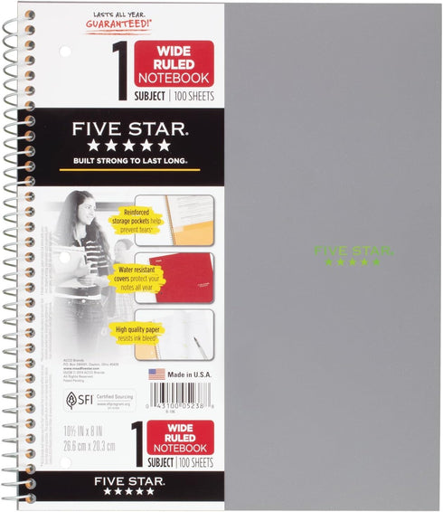 Five Star Spiral Notebooks, 1 Subject, Wide Ruled Paper, 100 Sheets, 10-1/2" x 8", Gray, Lime, 2 Pack