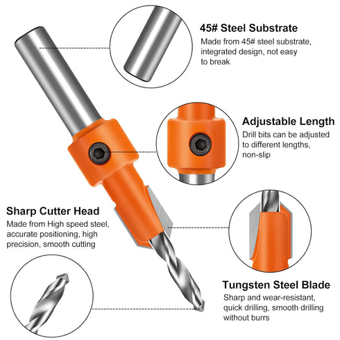 Lytool Countersink Drill Bit Set,5Pcs Counter Sink Bits for Wood,Tapered Drill Bits for Woodworking,Round Shank,Allen Wrench, Wood Screw Counter Sinker Drill Bits with Depth Stop,Pilot Screw Hole Set