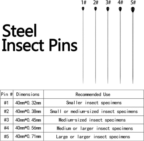WILLBOND Stainless Steel Insect Pins Kit, 500 Pieces Variety Pack for Butterfly Collections, 5 Sizes