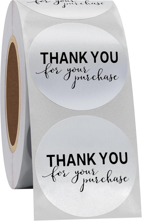 Hybsk Silver Foil Thank You for Your Purchase Stickers - 1.5" Round, 500 Labels per Roll (Silver)