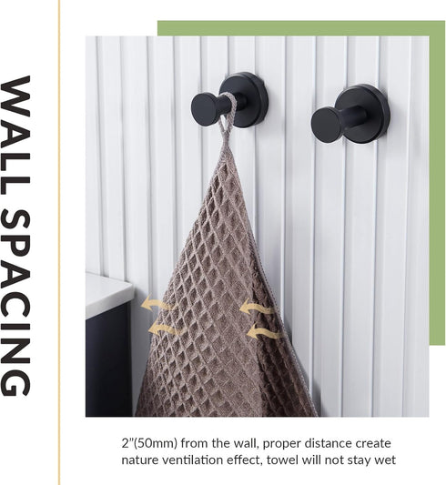 APLusee 2 Pack Bathroom Towel Hook - Stainless Steel Round Coat Robe Hanger for Toilet Kitchen (Matte Black)