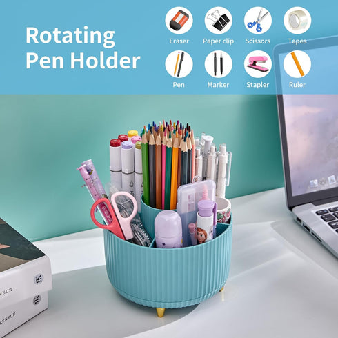 Marbrasse Desk Organizer - 360-Degree Rotating Pen Holder with 5 Compartments for Office, Home Art Supply Storage Box
