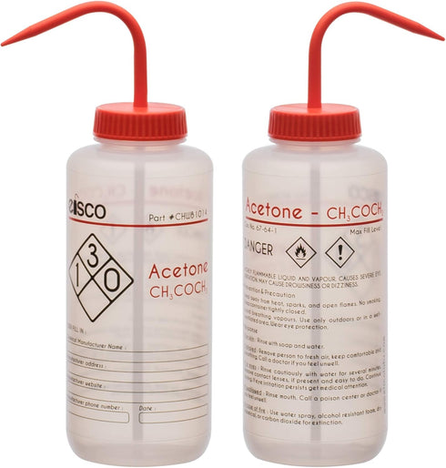 EISCO Wash Bottle for Acetone, 1000ml - Labeled with Color Coded Chemical & Safety Information (2 Colors)