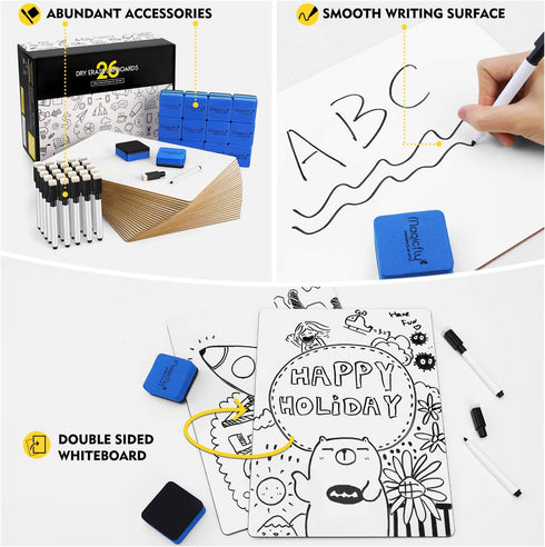 Magicfly Pack of 26 Small White Boards, Double-Sided Mini Dry Erase Boards 9x12 Inches for Classroom, Office with 32