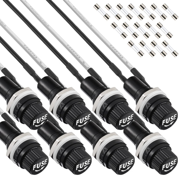 Panel Mount Fuse Holder 5X20 mm 250V AC 10A 125V AC 15A 12V DC with Pre-Soldered Wires and Fuse Kit