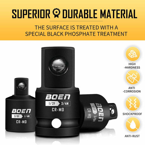 BOEN 5 Piece Impact Socket Adapter Set: Standard SAE, 1/4", 3/8", 1/2" Drive Socket Adapter Set, CR-MO Steel Impact