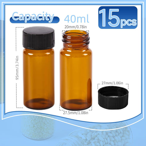 15 PCS 40ML Amber Small Liquid Sample Glass Vials with Screw Caps, Leak-Proof Vial for Lab, Essential Oil