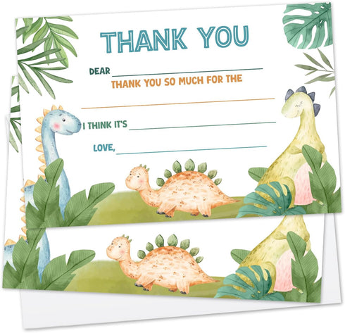 Zwsrplo Dinosaur Kids Birthday Party Thank You Cards, 20 Fill In the Blank