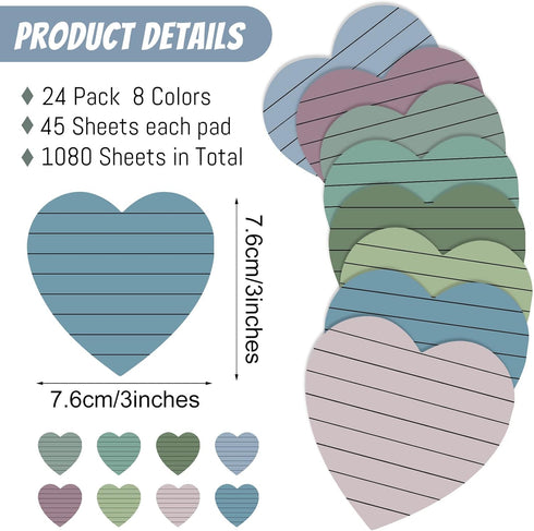 Teling 24 Pcs Heart Shape Lined Sticky Notes, Cute Bright Colorful Memo Pads for Office School 3x3 Inch