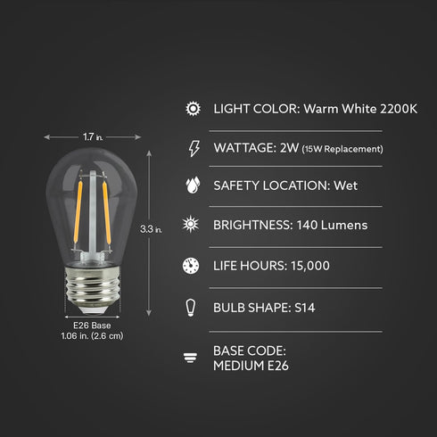 S14 Bulbs, 2200K 140 Bulbs, 15,000-Hour S14HO/822/FIL/12, 12 Pack Feit Electric LED Filament Light High Output, Warm