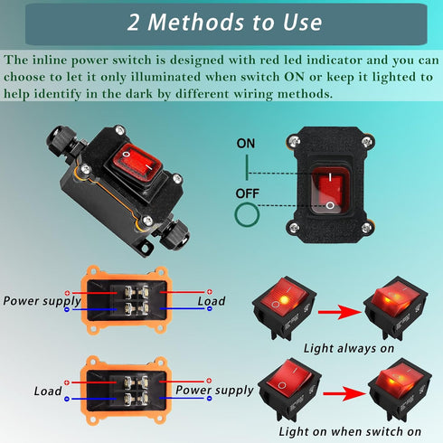 IP67 Waterproof Inline Cord Switch DPST AC 20A-125V, 16A-250V, On Off Toggle Switch with Red Light Rocker Button