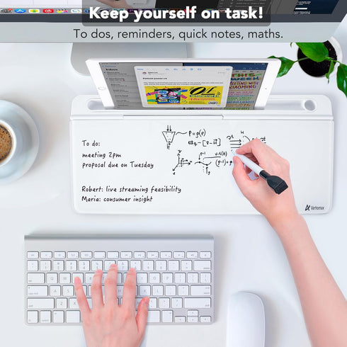 Varhomax Glass Desk Whiteboard with Built-in Mirror, Desktop Dry Erase Board with Storage for Home and Office