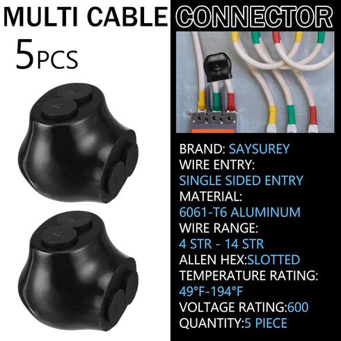 5 Pcs Insulated Multi Cable Connectors - 2 Port Single Entry Splice Electrical Power Connector Black