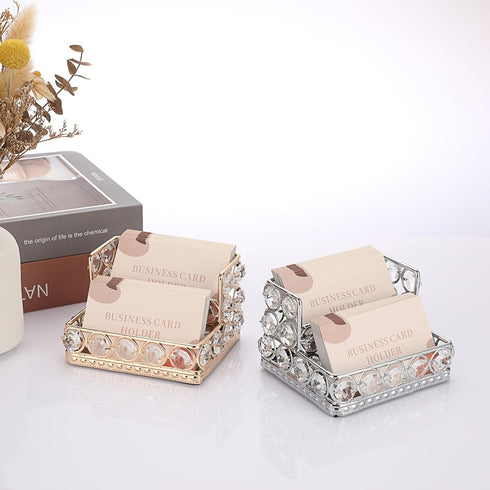 Hipiwe 2 Tiers Crystal Business Card Holder Stand Gold Mirrored Business Card Display Stand Organizer Desktop Business Card Storage Holder for Office Countertop