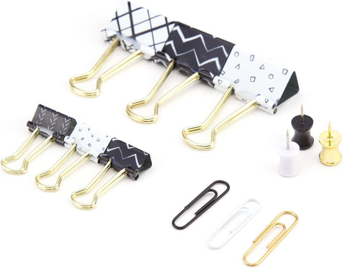 U Brands Office Accessory Kit, Office Supplies, Black and White with Gold, Push Pins, Paper and Binder Clips, 173 Count by U Brands