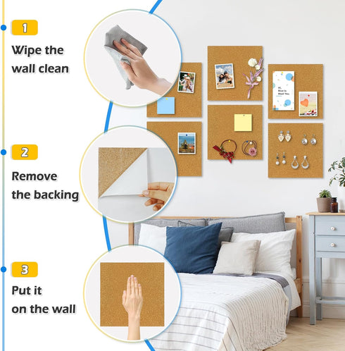 DOLLAR BOSS Cork Board Tiles, 6 Packs 12" x 12" 1/2" Thick Self Adhesive Corkboards with 60 Pushpins