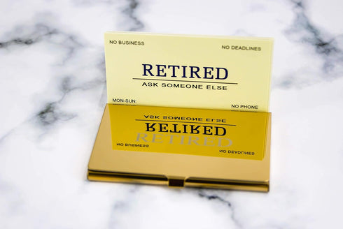 RXBC2011 Retired Business Cards, Funny Retirement Gift Pack of 50 with Gold Mirror Stainless Steel Case