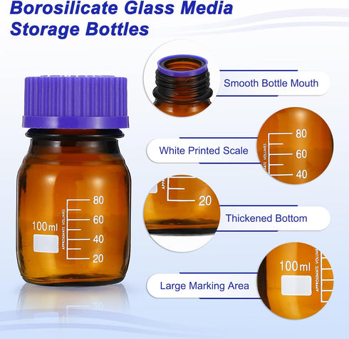 PATIKIL 8 Pack Reagent Media Storage Bottles, 100ml Borosilicate Glass with GL45 Blue Screw Cap